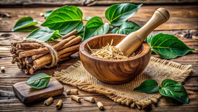 Freshly harvested kava root fragments surrounding a mortar and pestle on a rustic wooden table with a natural earthy ambiance.