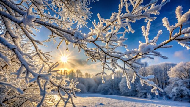 Frosted winter wonderland scene featuring snow-laden tree limbs stretching towards the grey sky with delicate icy crystals forming frozen patterns.