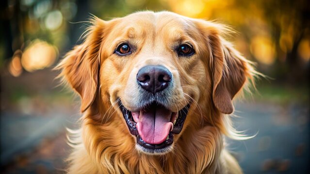 Adorable golden retriever's joyful face fills frame with wagging tongue, soulful brown eyes, and irresistible charm.