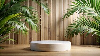 Minimalist isolated white podium on a natural palm wood background, top view, waiting for product showcase and styling.