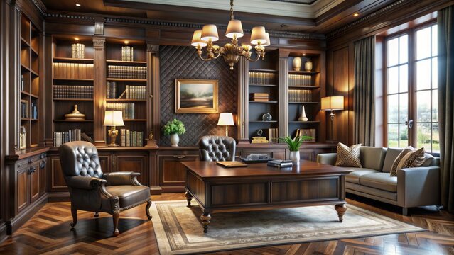 Dark wood walls surround a comfortable home office with rich bookshelves, elegant desk, and plush seating in a sophisticated setting.