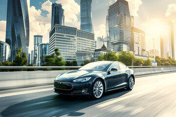 An AI generative image panning shot of moving back EV car in the city.