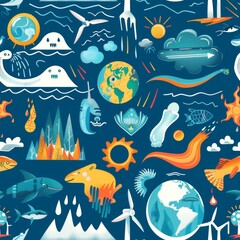 Naklejka premium A blue and orange background with a variety of sea creatures and other objects. Scene is playful and whimsical