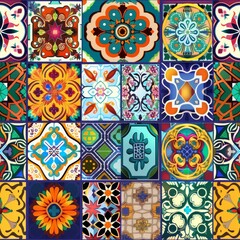 A colorful mosaic of tiles with various shapes and designs. Scene is vibrant and lively, with a sense of creativity and artistic expression