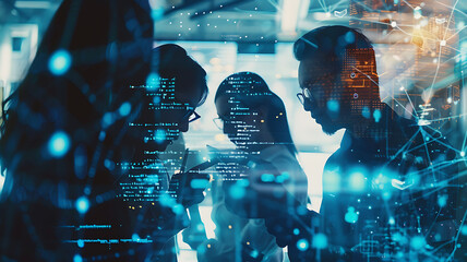 diverse team of IT professionals collaborating in an open office space, with abstract digital elements overlay, symbolizing innovation and teamwork in tech