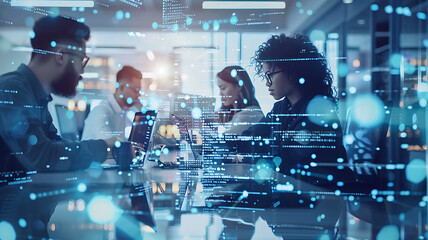 diverse team of IT professionals collaborating in an open office space, with abstract digital elements overlay, symbolizing innovation and teamwork in tech