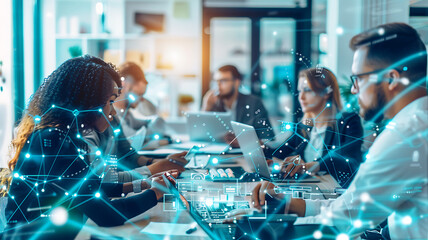 diverse team of IT professionals collaborating in an open office space, with abstract digital elements overlay, symbolizing innovation and teamwork in tech
