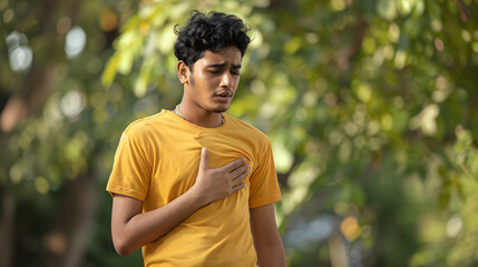 The tired young male Indian athlete stood bent over in the park with his hand over his chest, suffering severe pain and shortness of breath after jogging