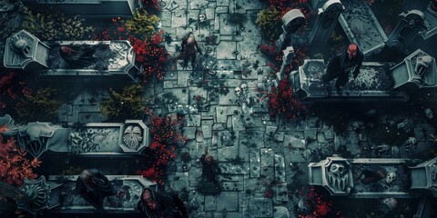 Obraz premium Top-Down Composition of Tombstones and Ghoulish Zombies for Halloween