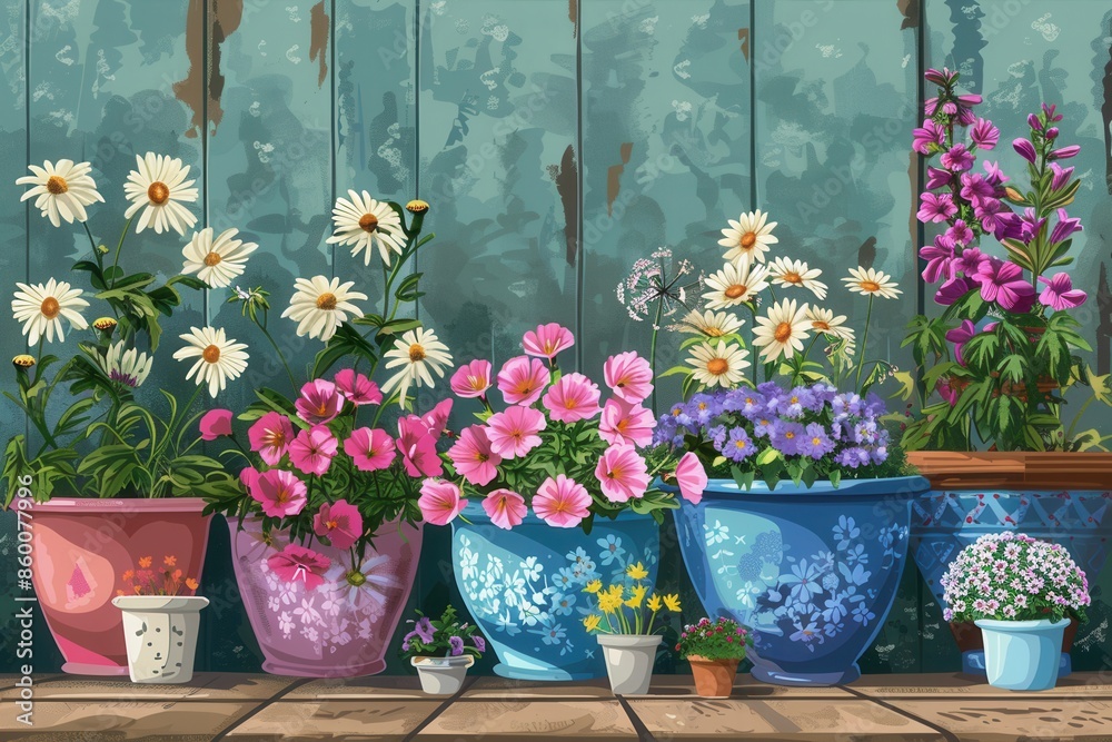 Aufkleber a charming arrangement of colorful flowers in decorative pots against a rustic wooden wall. perfect 