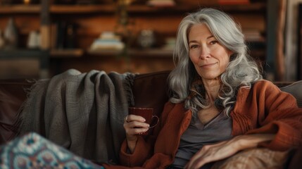 Obraz premium A woman is sitting on a couch with a cup in her hand