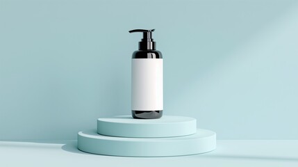 Obraz premium Mockup of cosmetic flacon with white blank label on cylinder presentation podium with blue background. Concept of care cosmetics