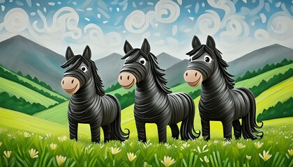 Tres divertidos, alegres y sonrientes caballos hechos con tiras de plastilina de color en una verde...