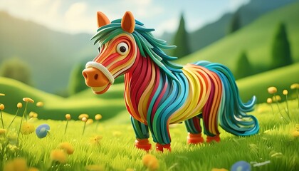 Un divertido, alegre y sonriente caballo hecho con tiras de plastilina de color en una verde...