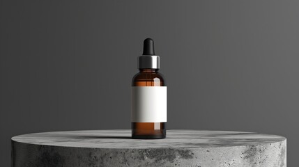 Mockup of cosmetic flacon with white blank label on cylinder presentation podium with gray background. Concept of care cosmetics