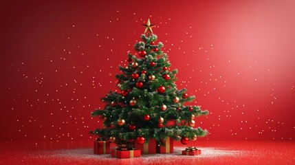 Obraz premium Cozy Christmas Tree on Red Background Generative AI