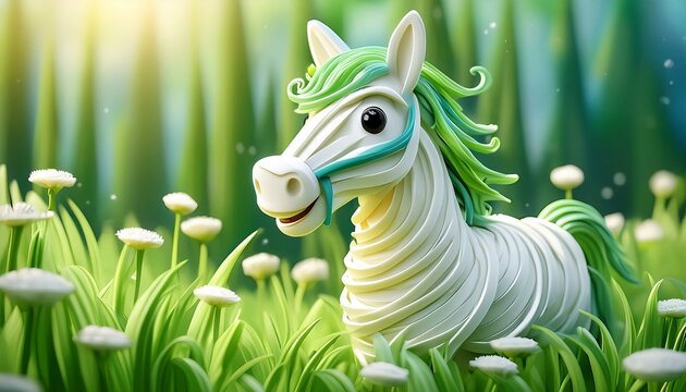 Un divertido, alegre y sonriente caballo hecho con tiras de plastilina de color en una verde pradera. Tema infantil