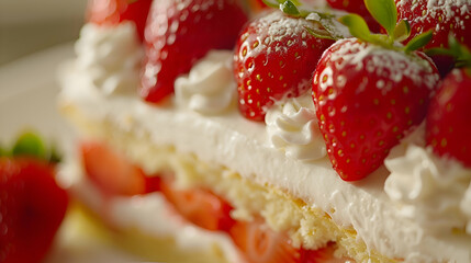 A close-up shot of strawberry shortcake being served, highlighting the fluffy cake and fresh strawberries