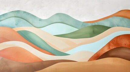 Simplistic hills in a 3D mural, muted colors in brown, teal, orange, cream, clean and light backdrop, artistic landscape 