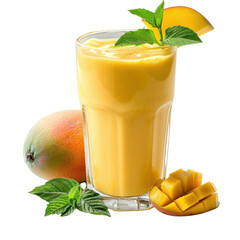 Refreshing mango smoothie in a glass with fresh mango slices and mint, perfect for a tropical and...