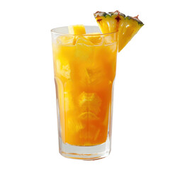 Refreshing tropical pineapple juice with ice cubes in a tall glass, garnished with pineapple...