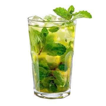 Refreshing mojito cocktail garnished with mint leaves and ice cubes, served in a transparent glass. Perfect for a summer drink.