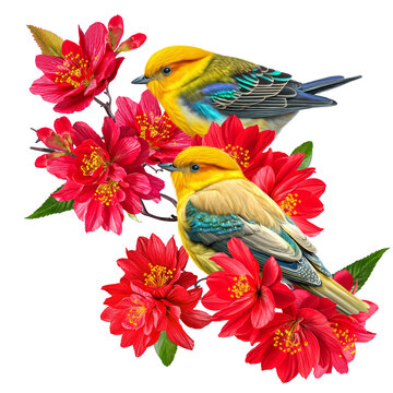Spring holiday background, bright tit bird sitting on a branch of blooming pink sakura, primrose, isolated on a white background no AI