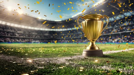 The gold trophy сhampions сup on a soccer stadium backdrop with flying confetti. The concept of...