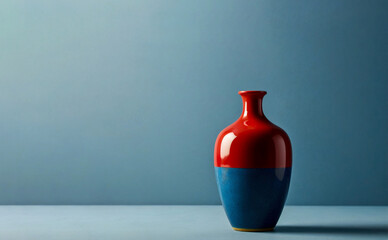 Red and Blue ceramic vase on a blue background, Hand crafted jar Design template for Poster, Web banner, Brochure, Card with copy space