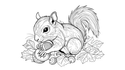 Squirrel with acorns Kids and adults coloring page book art, line art on white background