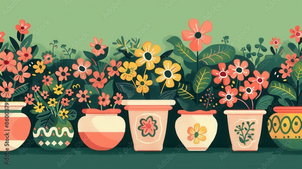 Poster a row of decorative flower pots filled with colorful blooms, creating a vibrant and homely garden sc