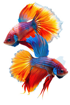 Two Vibrant Betta Fish with Flowing Fins and Bright Colors on Transparent Background
