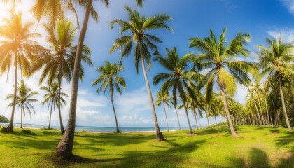 tropical palm trees background coconut palms and peaceful inspire blue sky exotic summer nature pattern panorama green leaves natural landscape summer travel tropical island panoramic vacation