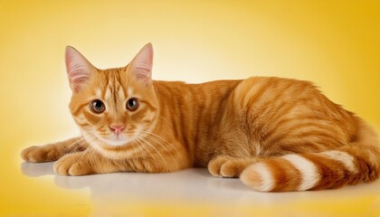 beautiful orange tabby cat lying on white