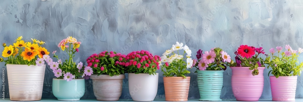 Aufkleber an assortment of potted flowers in various colors and decorative containers against a grey wall, cre