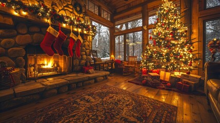 Obraz premium Cozy Christmas living room with fireplace, stockings hung, tree twinkling in the background, warm tones