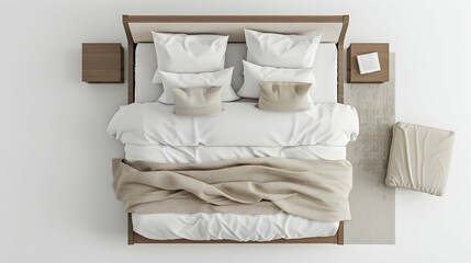 Top view modern bed comfortable furnitures set on white backgrounds 3d render 