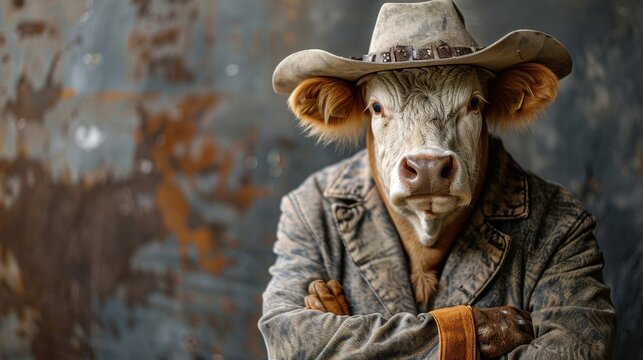 A creative image of a cow dressed as a cowboy with a hat and coat, arms crossed, set against a rusty backdrop, blending humor and artistic expression.
