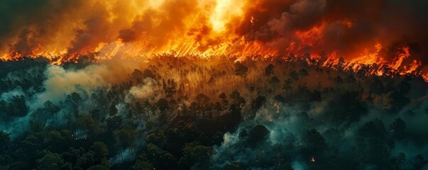 Fototapeta premium Forest fire scene from above, aerial view of the spreading flames, devastation and natural disaster concept