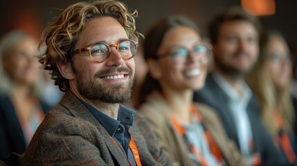 A man with round glasses and a beard, smiling warmly in a professional setting surrounded by people, conveying confidence and engagement in his environment.