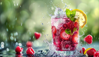 Variety of cold healthy drinks with fruits and berries in glass on blur background