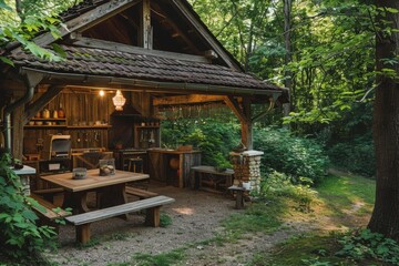 Naklejka premium Rustic Outdoor Kitchen in a Lush Forest Setting