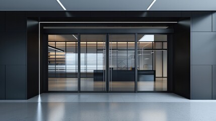 Sliding Black Door in Modern Shop Composition. Wide Panoramic View for Background or Advertising Banner