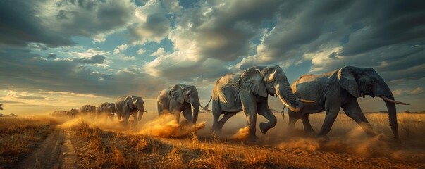 Herd of elephants crossing a dusty plain, dramatic sky above, wildlife conservation theme