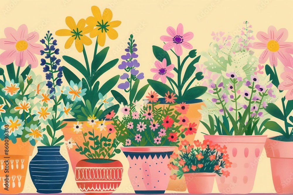 Aufkleber a colorful illustration depicting a variety of flowers in decorative pots, creating a cheerful and w