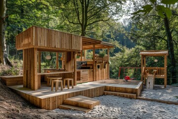 Wooden Play Structure in a Forest Setting