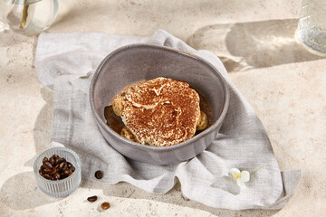 Serving of Tiramisu Dessert in Sunlight with Summer Shadows