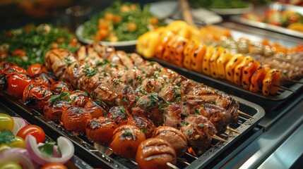 Barbecue meat and vegetable skewers served with a range of garnish options, highlighting fresh and vibrant flavors, perfect for a savory outdoor dining experience.
