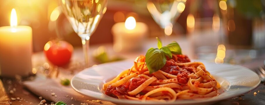 Homemade Italian pasta with tomato sauce, basil garnish, intimate dining setting, candlelight