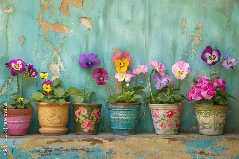 Poster Vibrant pansies in various colors bloom in charming decorative pots, creating a cheerful scene against a rustic teal backdrop. Generative AI
